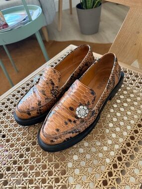 GANNI Brown Snake-Embossed Leather Loafers with Crystal Accent size 37 (7)